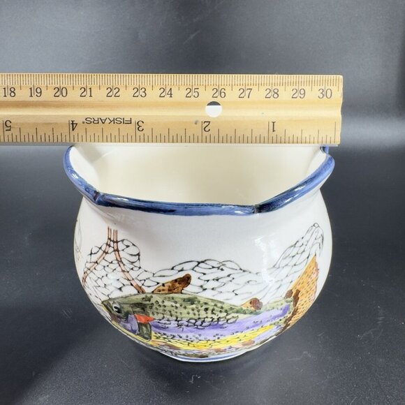 Vintage Ceramic Dish Bowl Flower Pot Container With Fish Trout Design Wavy Edges - Picture 4 of 13